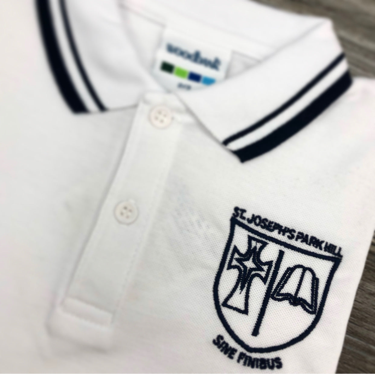 St Joseph's Park Hill White Polo With Navy Tipped Collar