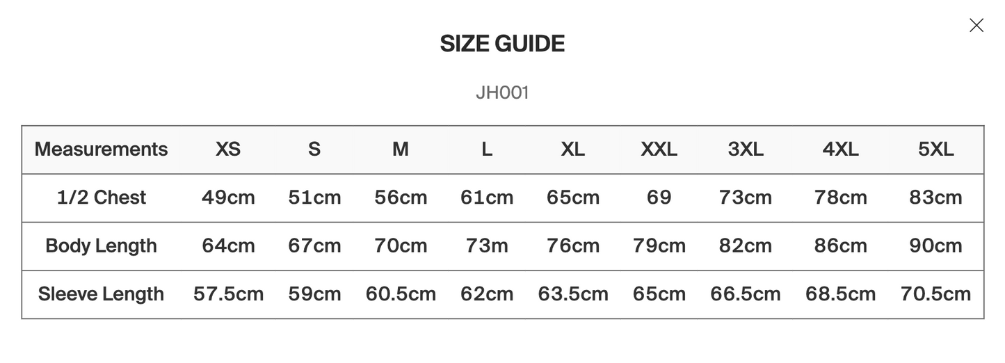 JH001 Adult Size Guide