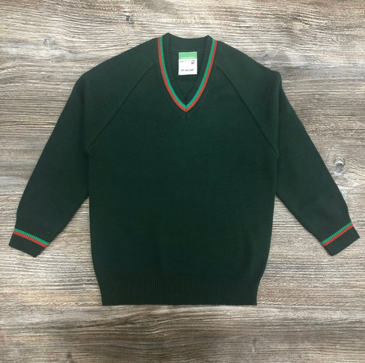 Oakhill V-neck Knitted bottle jumper with school trim.