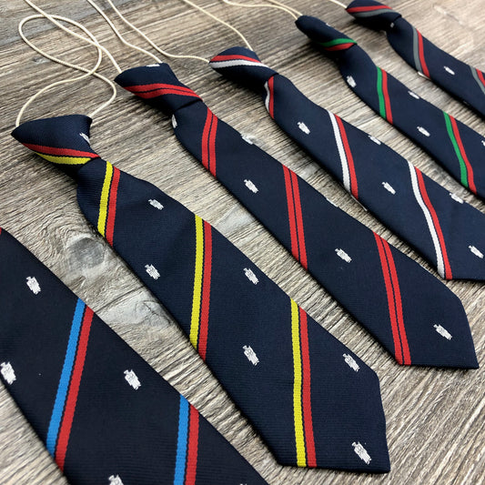 QEGS House Ties. Drake, Raleigh, Howard, Grenville, Frobisher and Hawkins.