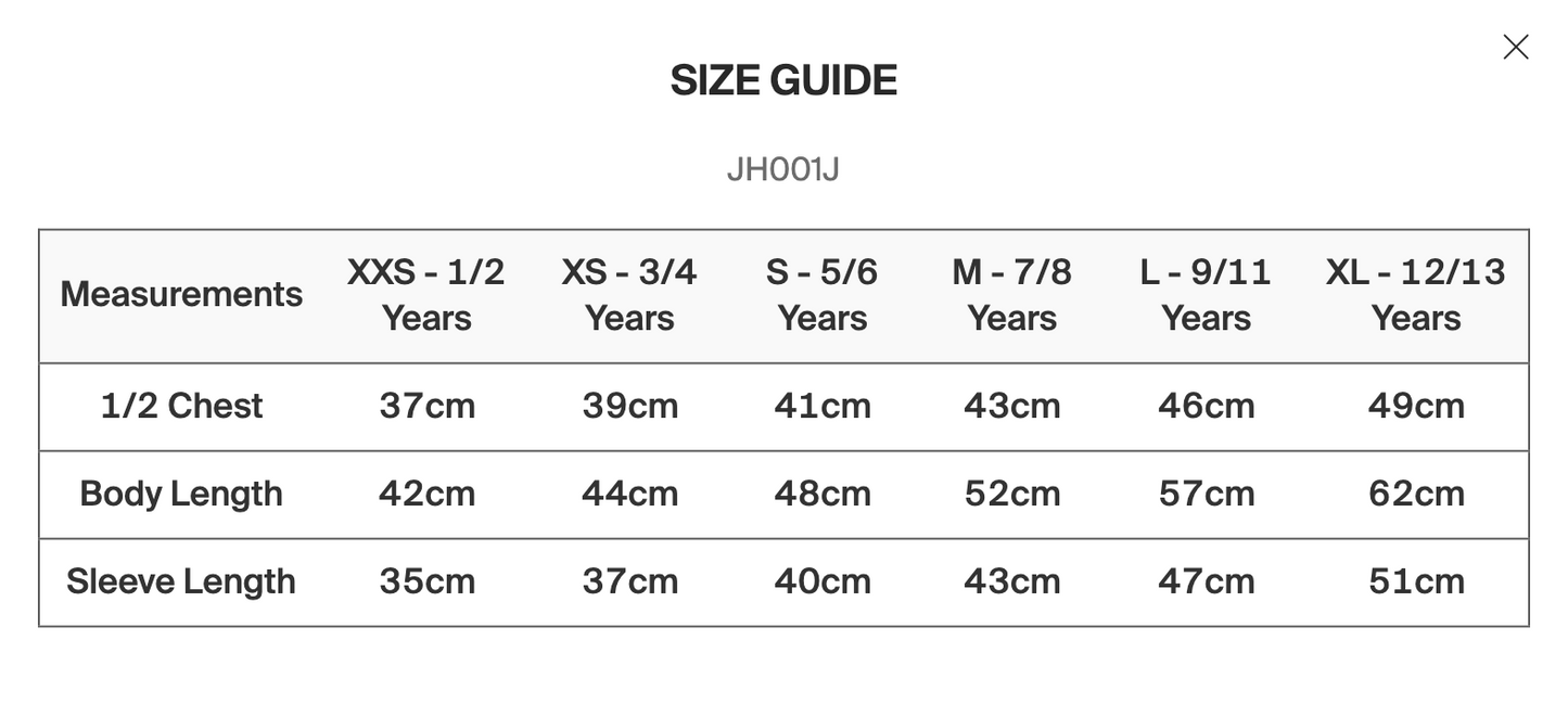 JH001 Kids Size Guide