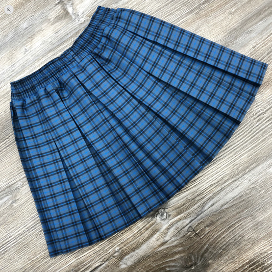 Bedford style Blue tartan Check elasticated box-pleat skirt for QEGS Blackburn and Whalley Primary School. 