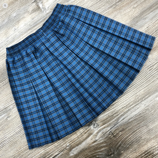 Bedford style Blue tartan Check elasticated box-pleat skirt for QEGS Blackburn and Whalley Primary School.