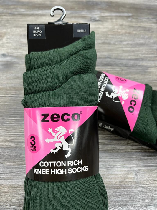 Zeco Smooth Knee High Bottle Green Socks 3 Pack